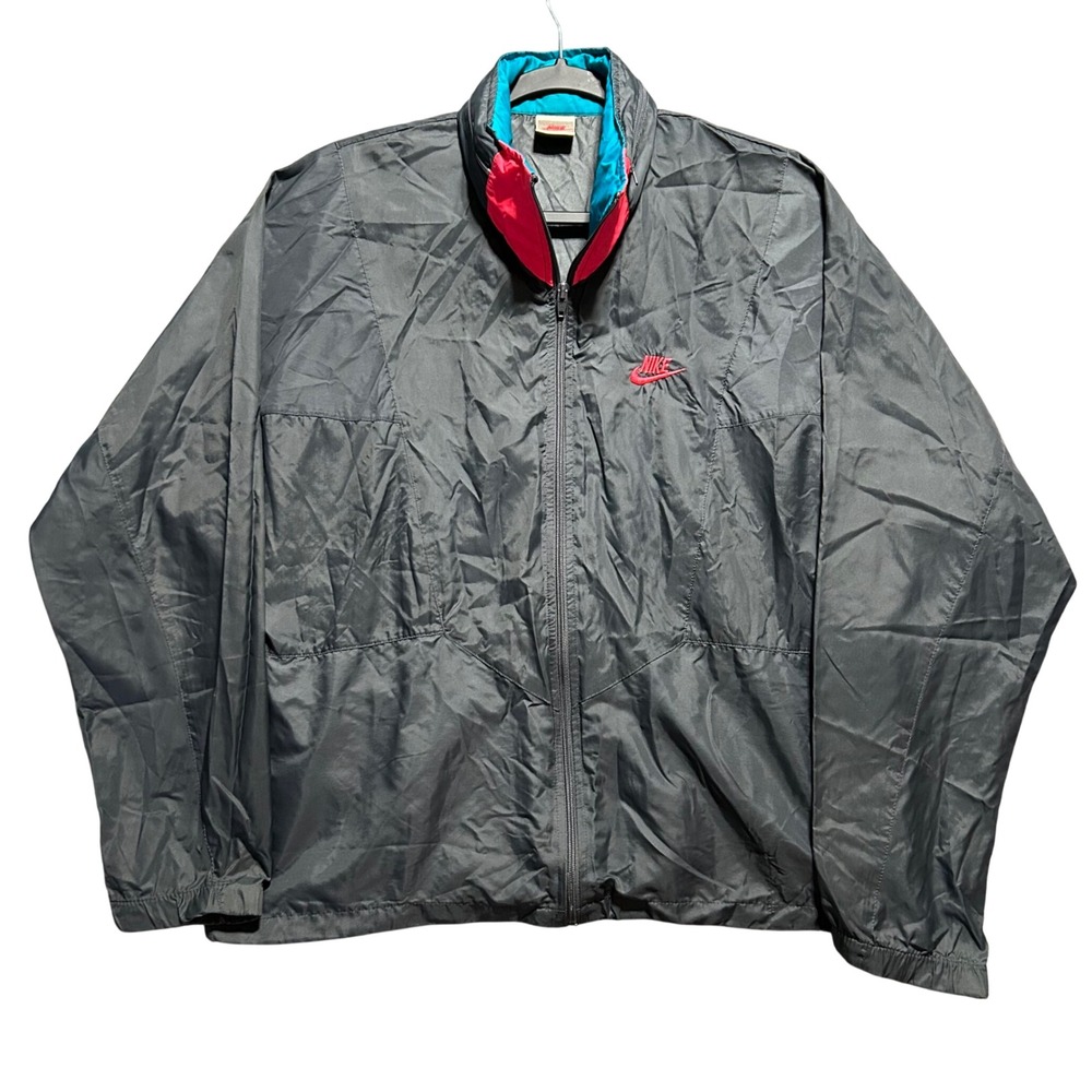 Nike Windbreaker Jacket Mens M Grey Vintage 90s Full Zip Packable Hood Logo
